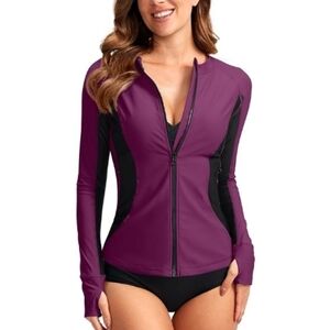 Rash Guard Zipper Pockets UPF50+ Sun Protection Long Sleeve Top Purple